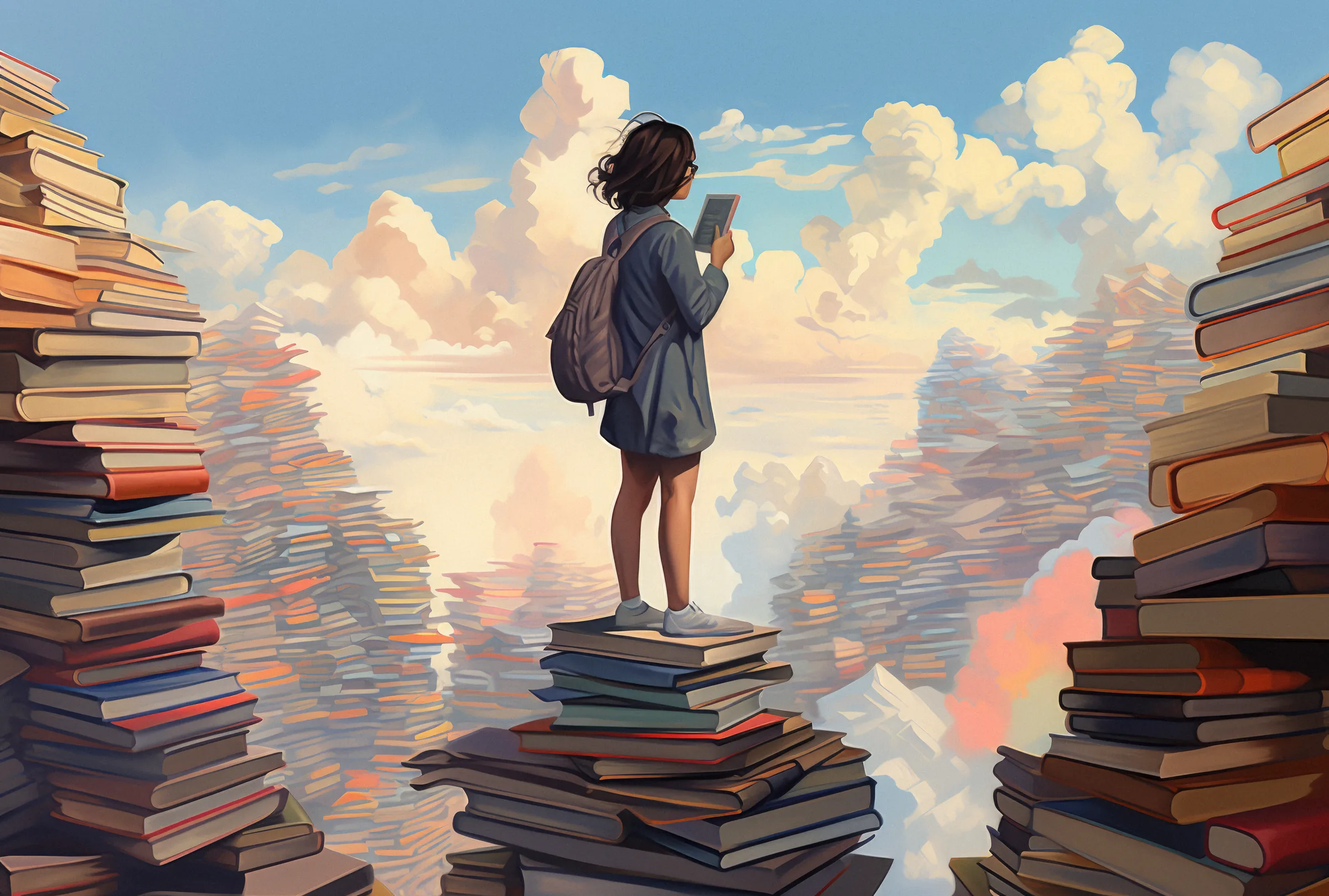 A person standing on stacks of books, looking toward a glowing horizon