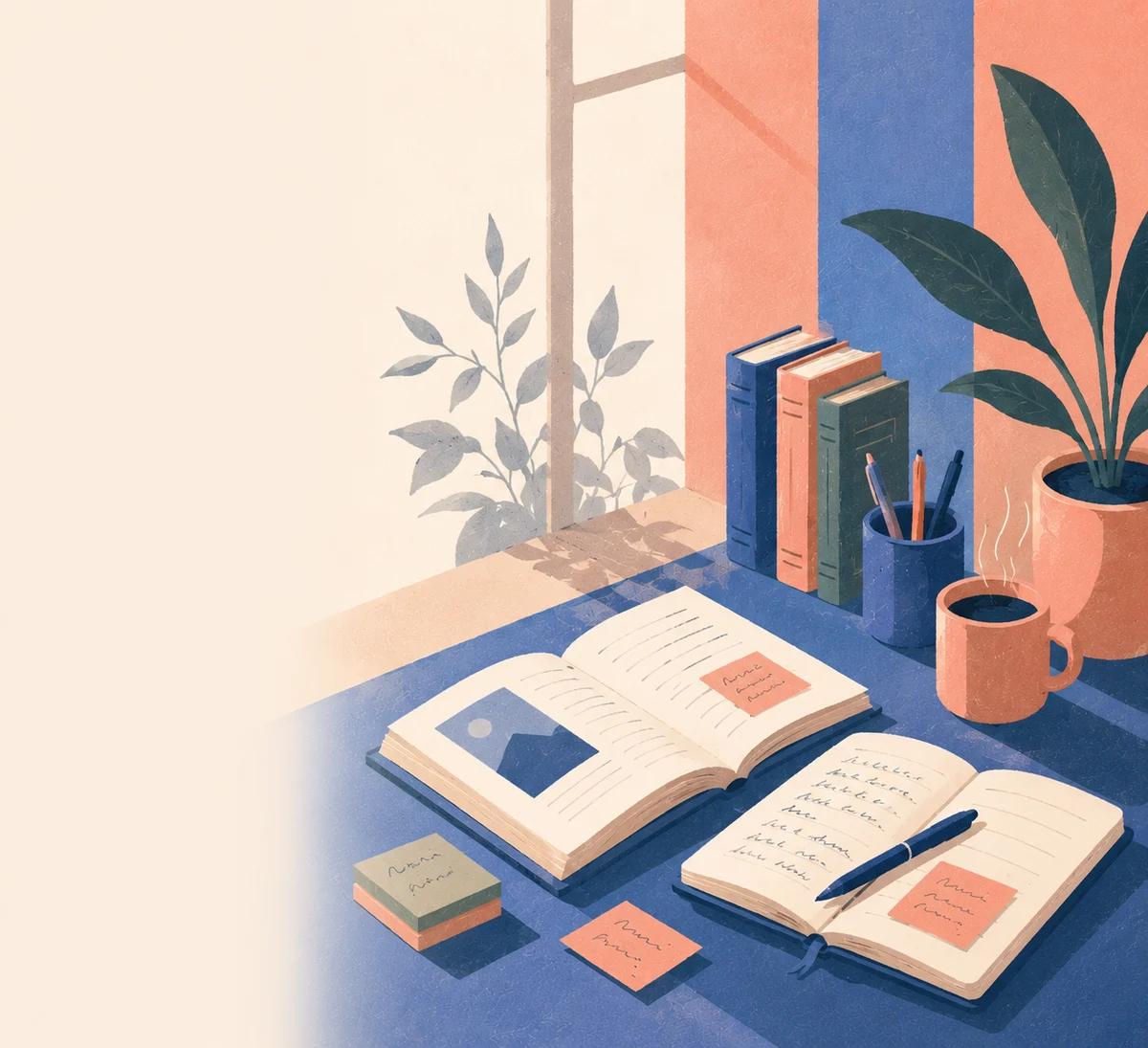 An illustrated reading desk by a sunlit window — open book, notebook with sticky notes, a plant, mug, and a stack of books